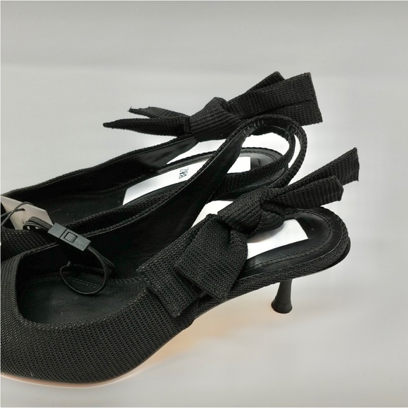 Zara black slingback kitten heel pumps pointed toe textured material bow detail - Picture 4 of 6
